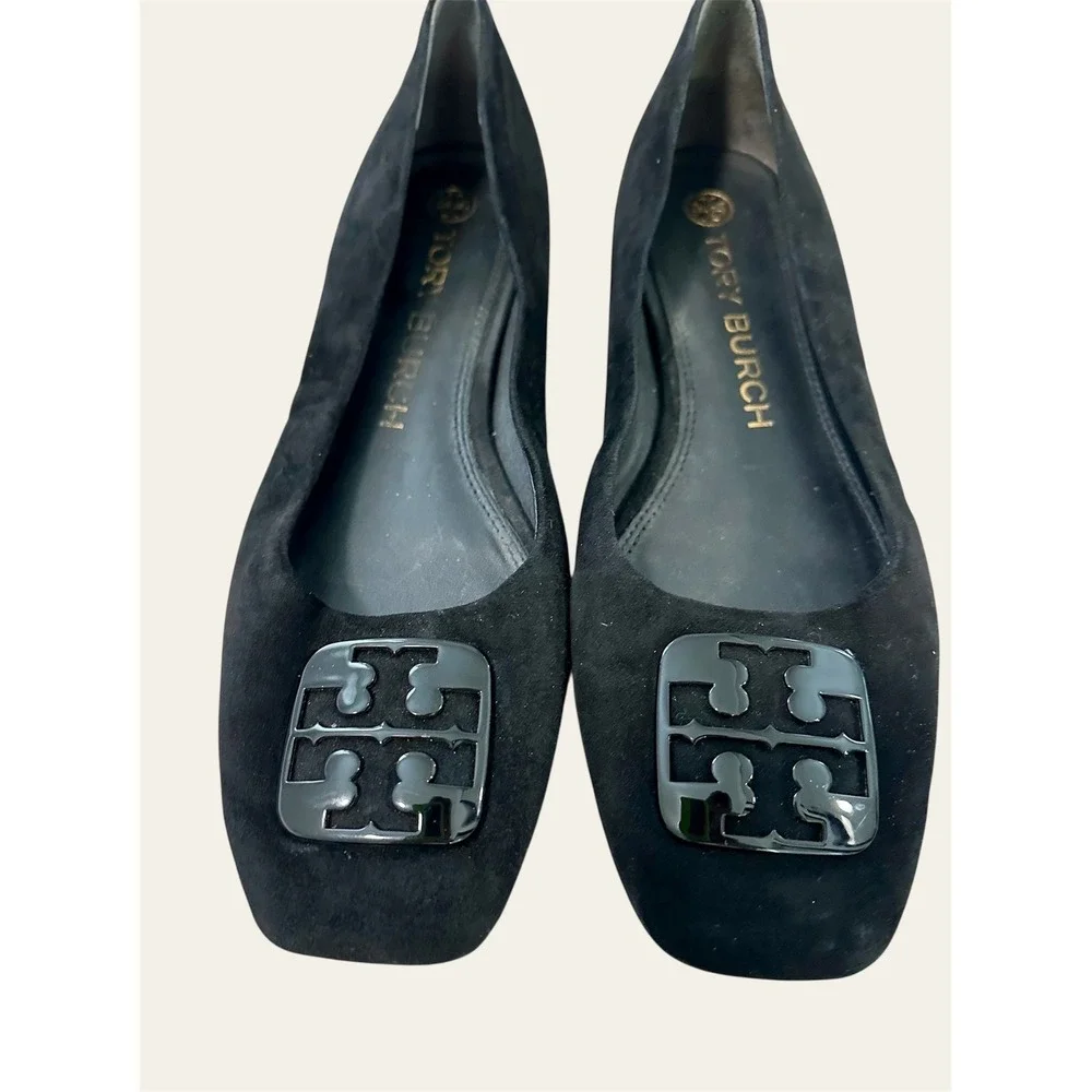 Tory Burch Suede Square Toe Flats Women 9M Black Good Patent Logo‎ Ballet Shoes
